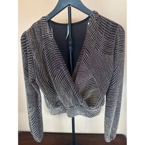 Chocolate USA Womens Metallic Gold Black Wrap V-Neck Crop Top Blouse Large